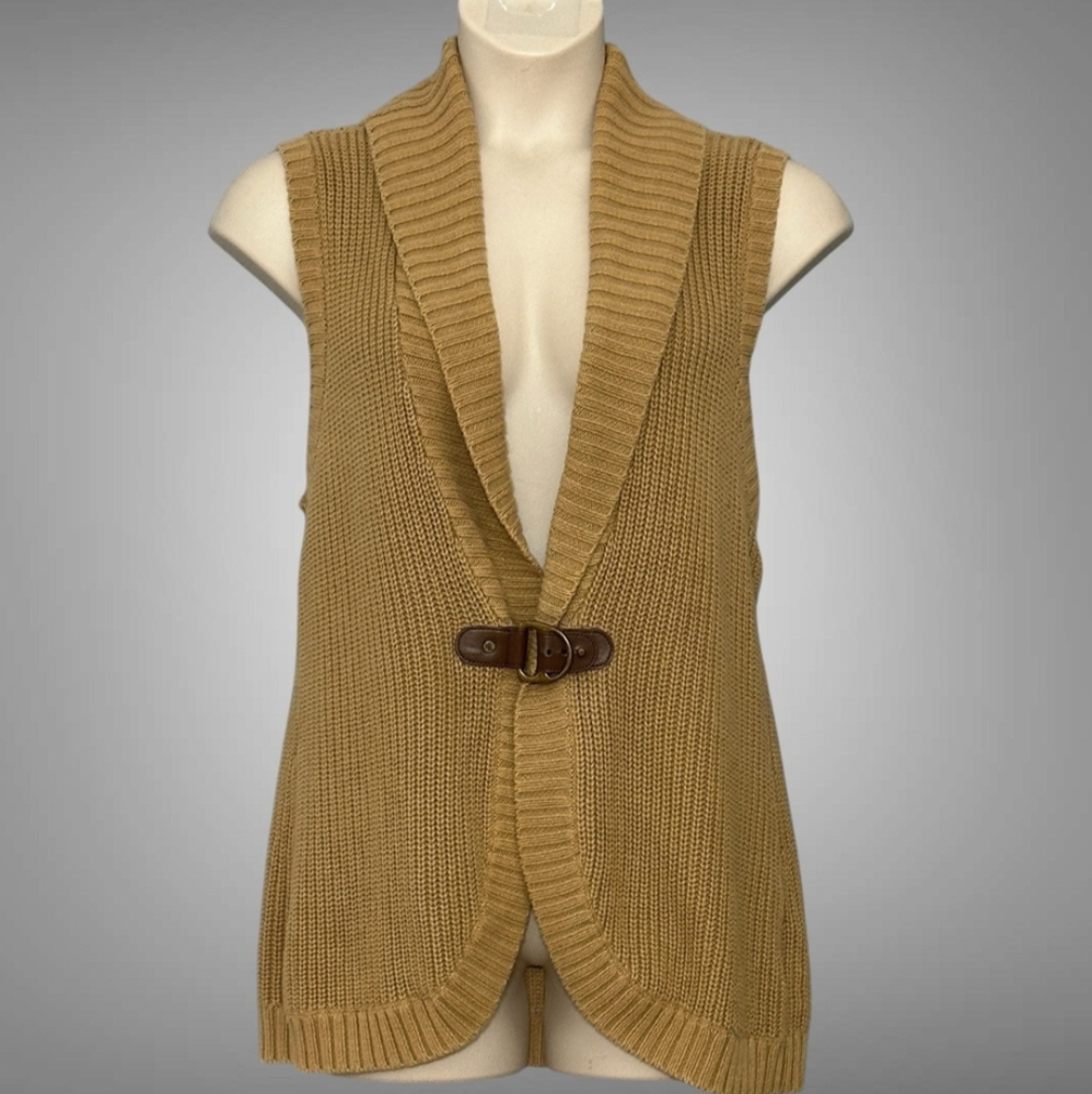 LAUREN RALPH LAUREN Cable Knit Open Front Buckle Camel Brown Tan Vest Size Large